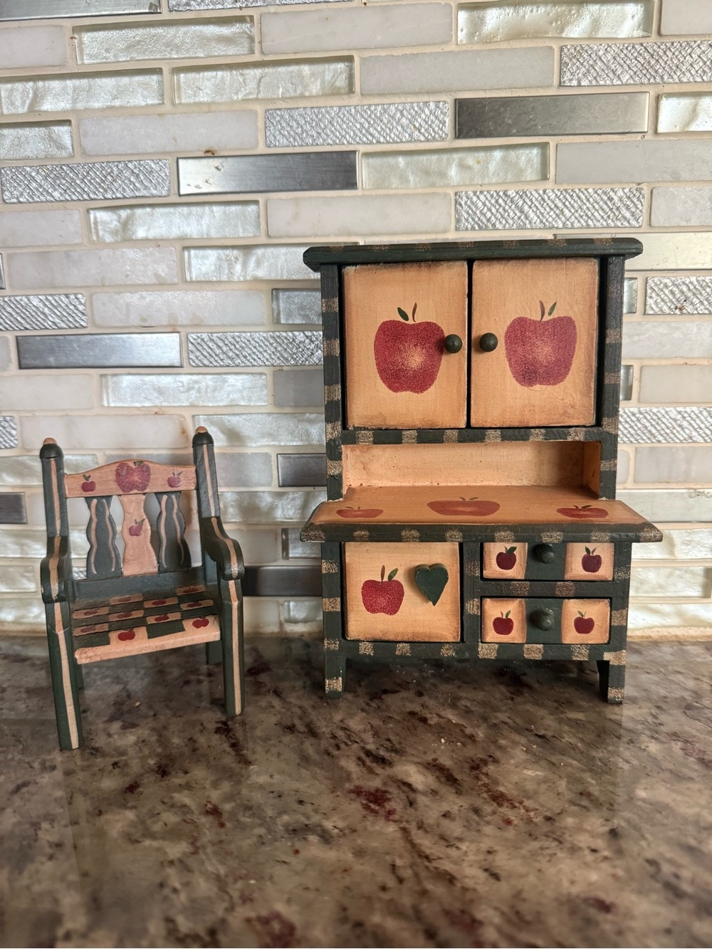 Miniature Wooden Kitchen Hutch and Chair with Apple Motif - Red and Green